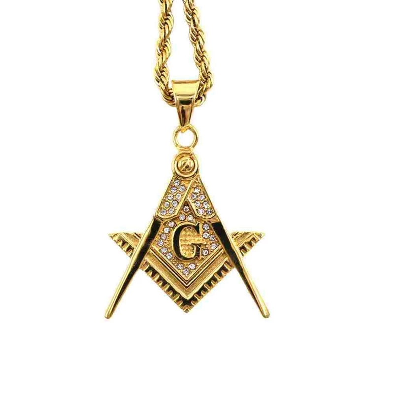Novo Colar De Pingente De Maçonaria De Moda Masculina Incrustado Em Ouro Diamantado