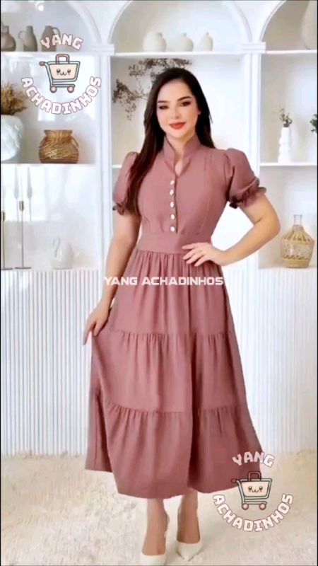 Vestido midi manga curta princesa tecido premium em algodão. #Vestido #vestidoevangelico #Vestidoelegante #midi #vestidomidi #alfaiataria #algodão