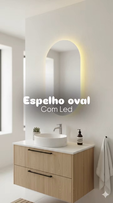 Espelho oval grande com LED ✨ luz quente e fria, ideal para banheiro, sala ou quarto. #espelhoLED #decoracao #casa #espelhooval #organico #lapidado