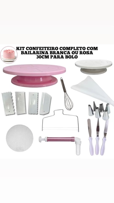 ✨ Kit Confeitaria com Bailarina Giratória 30cm (Rosa ou Branca) + Raspador + Espátula + Saco de Confeitar 🎂 Kit prático para decorar bolos !🍰