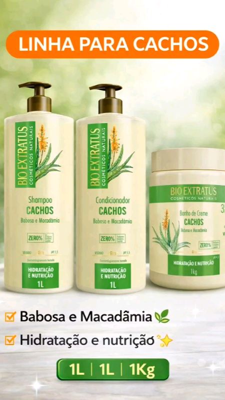 Kit Bio Extratus Cachos 1L com shampoo, condicionador e banho de creme 1kg, hidratação e nutrição profunda #cachos #bioextratus #cabelos #beleza