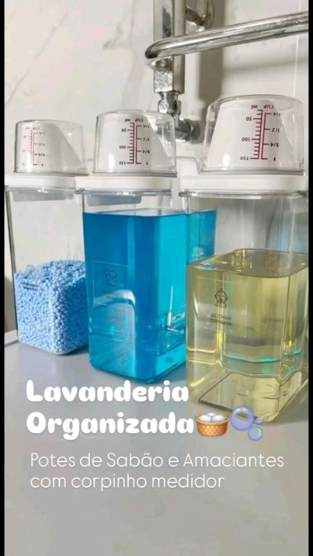 Potes herméticos com copo medidor 🫧🧴🧺 #lavanderia #limpezaroupa #organização #casa #sabão #amaciante #diaadia #achadinhos #shopee #Fyyyyyyyy