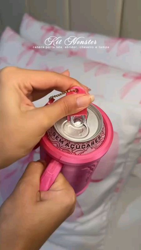 Caneca Para Lata Energético Monster + Tampa + Abridor De Latas - Rosa Pink