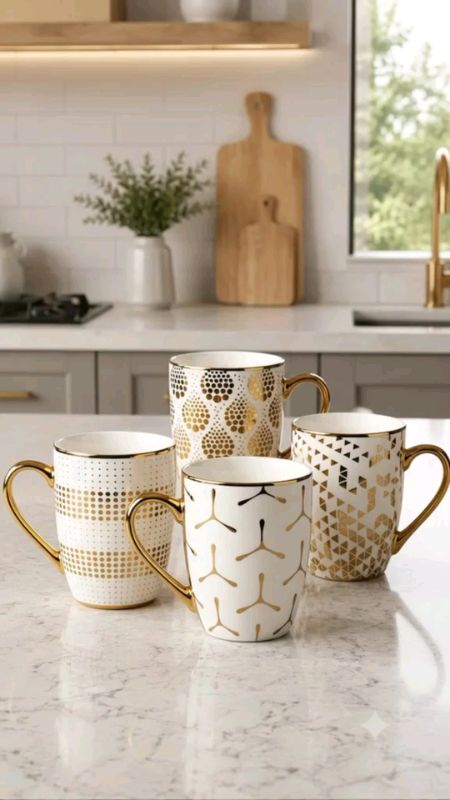 kit c/ 4 canecas com estampas, dourada, cerâmica - geométrica,  350ml, c/ alça, resistente, #caneca #chadecozinha #enxoval