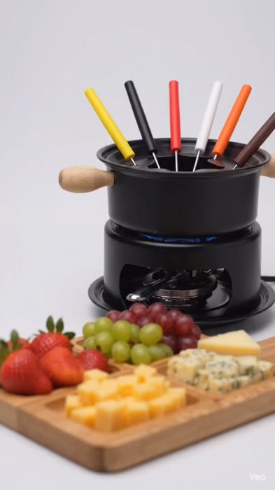 Kit Fondue Completo + 01 Conjunto 4 petisqueira Madeira Até 6 Pessoas Chocolate Queijo Caldos Garfos Longos 13 Peças