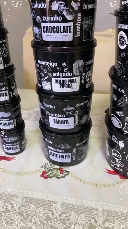 #Kit 5 Potes de #Mantimentos #Plástico #Decorado #Preto PB #Frases.⚠️ Lembre sempre de confirmar o recebimento de sua compra ?