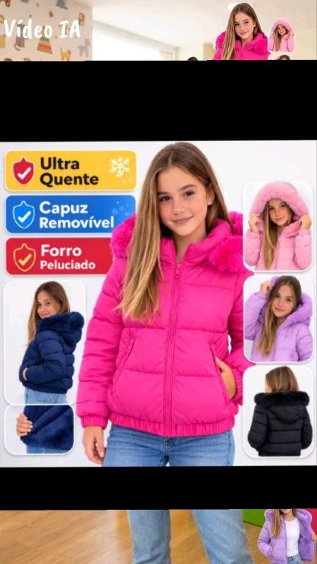 Jaqueta cropped Puffer infantil juvenil peluciada impermeável capuz removível blusa de frio 8 a 18 #publi #jaqueta #inverno #infantil #blusa ##frio