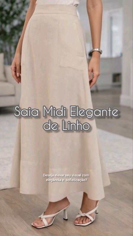 Saia Midi Feminina de Linho Elegante com Bolsos Laterais #saiamidifeminina #SaiaMidiDeLinho #eleganciafeminina #modaclassica