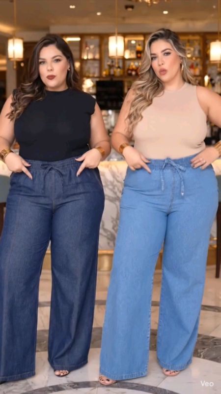 Calça Wide Leg plus size jeans feminina cintura alta pantalona tecido leve #widelegjeans  #calçawideleg #calçapantalona #calçajeans #calçaplussize