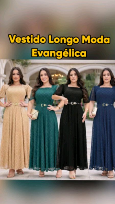 Vestido Longo Moda Evangélica Tule Poliamida Forrado Cinto Decote Quadrado Elegante Fluido Modesto#VestidoLongo #moda  #ModaEvangélica #publi #vestido