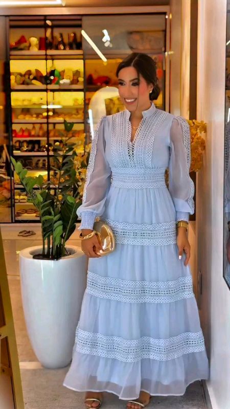 Vestido Midi de Festa Bordado manga longa #vestido #midi #bordado #shopee