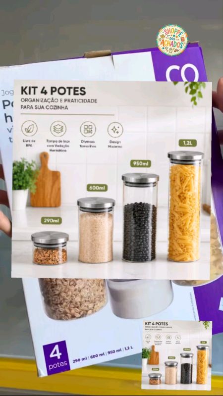 Kit 4 porta mantimentos de vidro hermético com tampa inox #KitPortaMantimentos #vidrohermetico