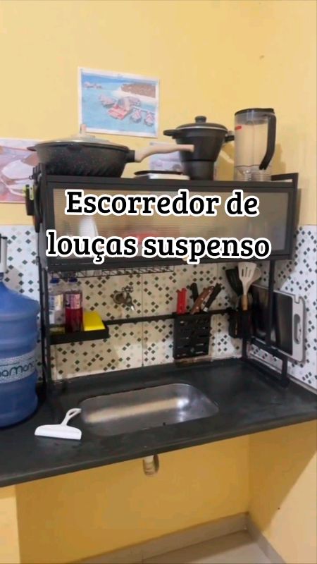 Escorredor De Pratos De Cozinha Suspenso Modular , Organizador , Prateleira Dupla De Asfalto Com Porta 65cm #escorredordepratosuspenso #escorredor