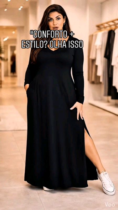 Vestido Plus Size Longo Manga Longa Viscolycra Fenda Lateral com Bolsos . #publi #vestidofeminino #vestidoplussize #vestidolongo Gerado por IA