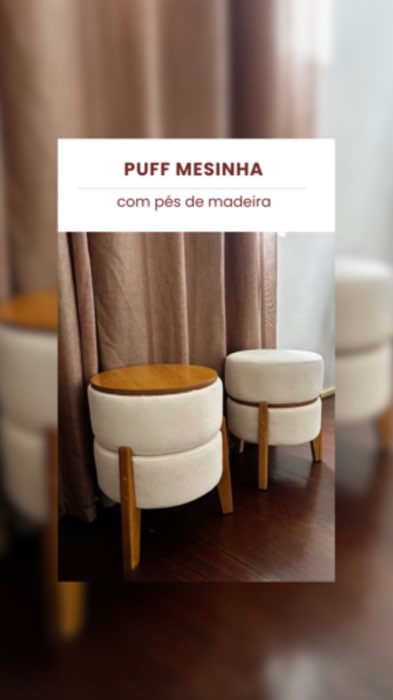 Kit 2 Puffs Mesa Versa Redondo Decorativo com Pés em Madeira Mesinha 2 em 1 Tecido Boucle Multiuso - Loja Nosso Canto #kitpuff #kitmesinha #mesinha