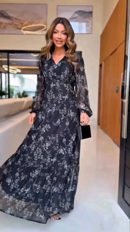 Vestido Longo Tule Estampado Floral c/ Elastano, Manga Longa, Decote V #shopee #vestido #tule #estampa #videos #floral