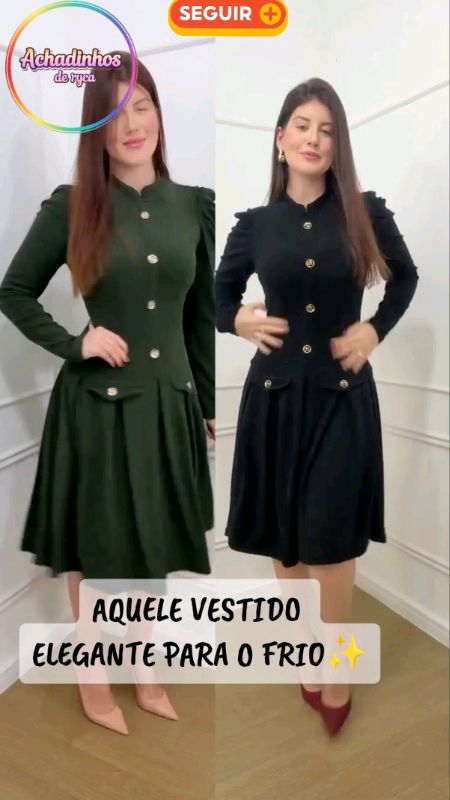 Vestido Midi Rodado com Pregas Manga Longa Inverno Frio#vestidomidi #vestidorodado #vestidomangalonga #vestidoinverno #frio #publi