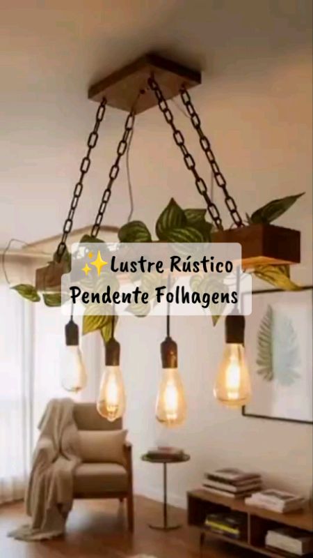 Lustre Rústico de Madeira com 4 Pendentes e Folhagem Iluminação Decorativa Bivolt #lustre #decoracaodecasa #estilorustico #achadinhosshopee #ofertasho