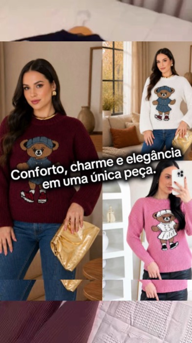 Blusa Suéter Feminino Ursinho Em Tricot. #AchadinhosShopee #ModaFeminina #TricotFeminino #BlusaDeTrico #LookDeInverno #Modalnverno #UrsinhoBear