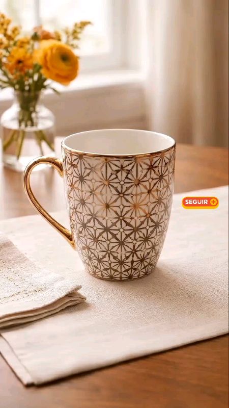 Caneca Porcelana 300ml Dourada Luxo - Strong / Xícara Estampa e Listra / Café, Chá / Mesa Posta. #mesaposta #canecaporcelona  #xicara #cozinha