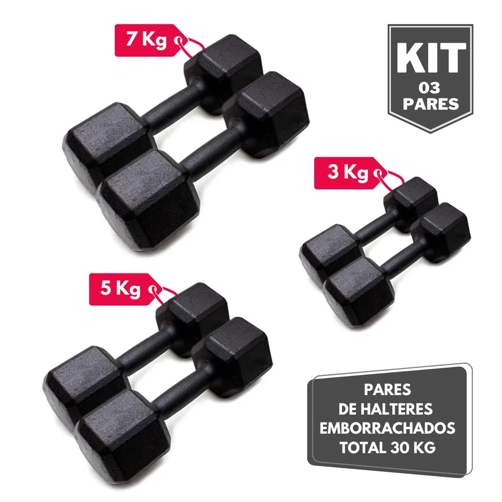 Kit Par Halter Sextavado Pintado 3 5 e 7 Kg - Total 30 Kg