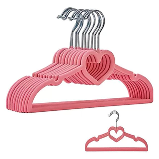 Kit【10】Cabides Infantis Rosa Veludo e Formato de Coração, Antideslizantes com Gancho Girat