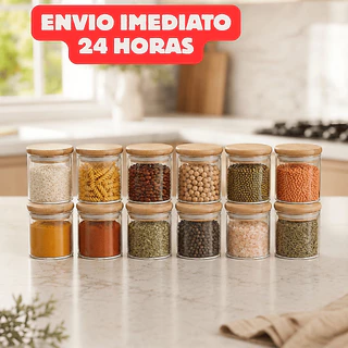 Kit 12/6 Potes de Vidro 200ml com Tampa de Bambu Hermético Mantimentos Condimentos Empilha