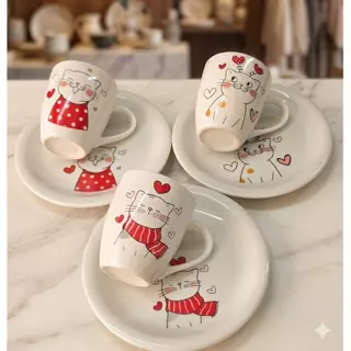Kit Jogo Caneca Landy 240ml + Prato Sobremesa Lanche em Porcelana Linha Kids Gatinha Branc