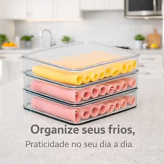 Porta Frios Hermético Presunto Queijo Salame Kit Acrílico Resistente Triplo Pote Mantiment