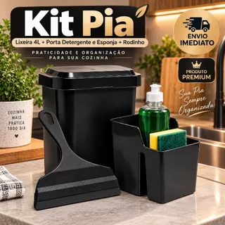 Kit Pia 3 Peças Plástico Para Cozinha Cesto Lixo 4L e Porta Esponja e Detergente | Rodinho