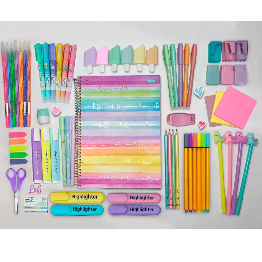 Kit Material escolar 63 itens com Caneta Caderno Marca Texto Tesoura Canetinha Presente volta às Aulas