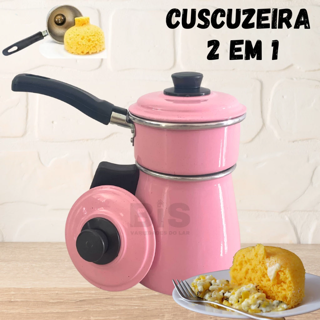 Mini Cuscuzeira Rosa Individual E Cozi Vapore Porção Única e Leiteira Prática