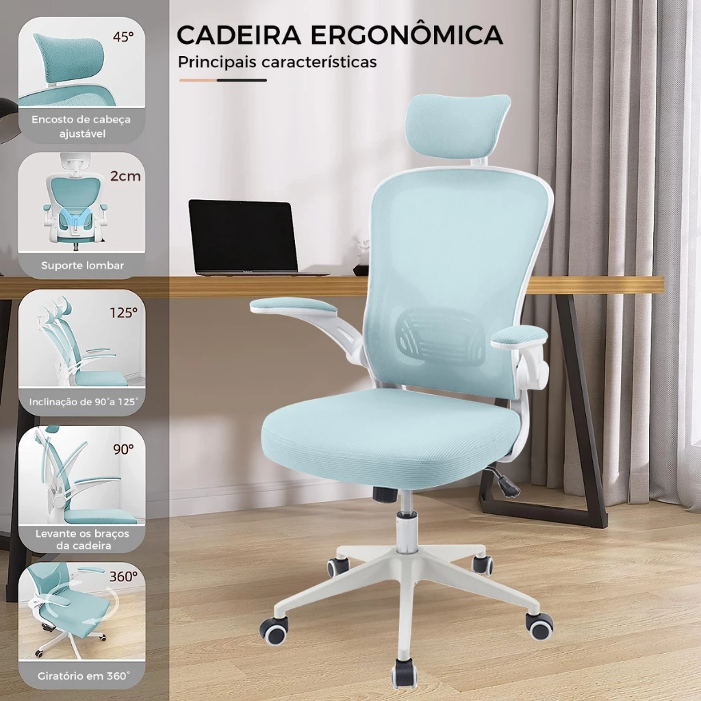 Cadeira de escritório ergonômica cadeira de escritório cadeira giratória cadeira de tarefas cadeira de mesa de encosto alto com suporte lombar, almofada de assento grossa e encosto de cabeça ajustável cadeira de computador (Azul)