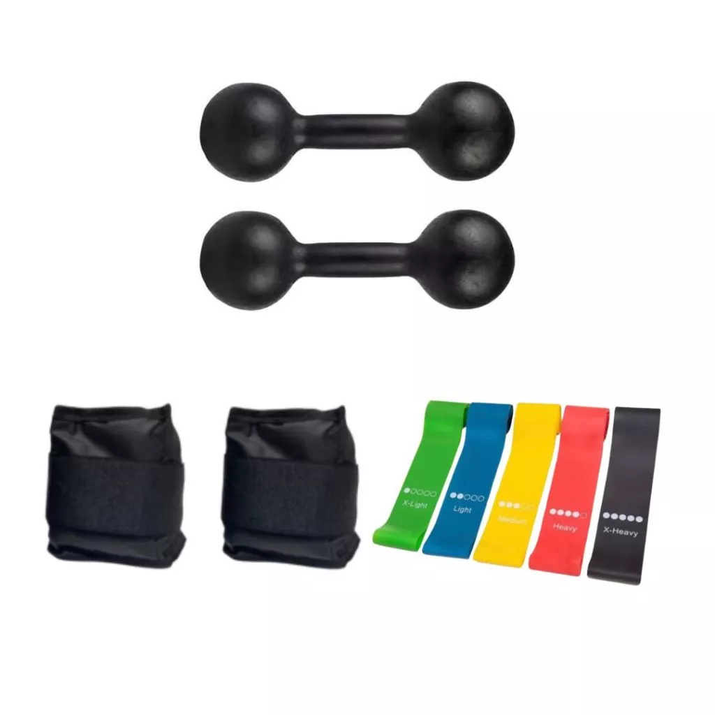 Kit Treino Completo Fisioterapia Par Halter 1 Kg Pintado + Par Caneleira 1 Kg + Kit Theraband