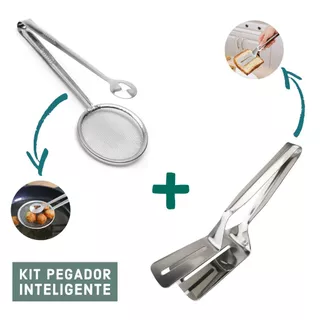 Pegador Inox Fritura Escumadeira Pinça Peneira ou Espátula Dupla Para Carne Ovo Pizza Cozi