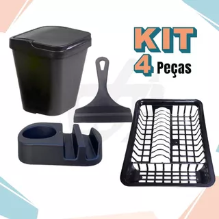Kit Cozinha PRETO Porta Detergente / Rodo de Pia / Lixeira + Escorredor de Louça Area Gour