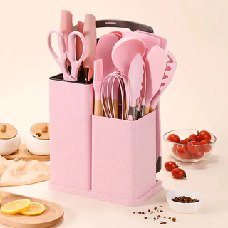 Kit Completo Jogo Utensílios de Cozinha Luxo Com Tábua em Silicone Espátula Faca Tesoura V