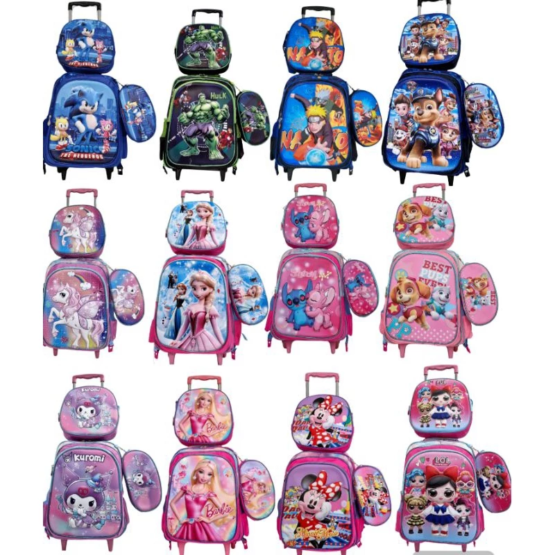 mochila escolar com carrinho para menina e menino kit três peças com lancheira e estojo impermeável com desenhos