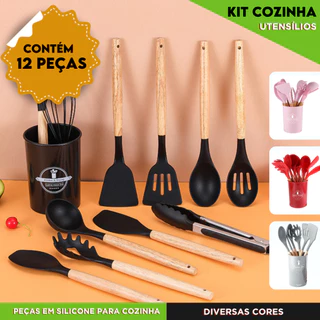 Kit Utensílios de Cozinha Com 4 5 ou 12 Peças em Silicone com Cabo de Madeira Completo -