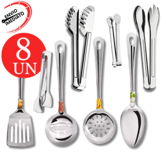 Kit Utensilios Aço Inox 8, 6 Peças Pegador Salada Carne Frios Massas Concha Espatula Escum