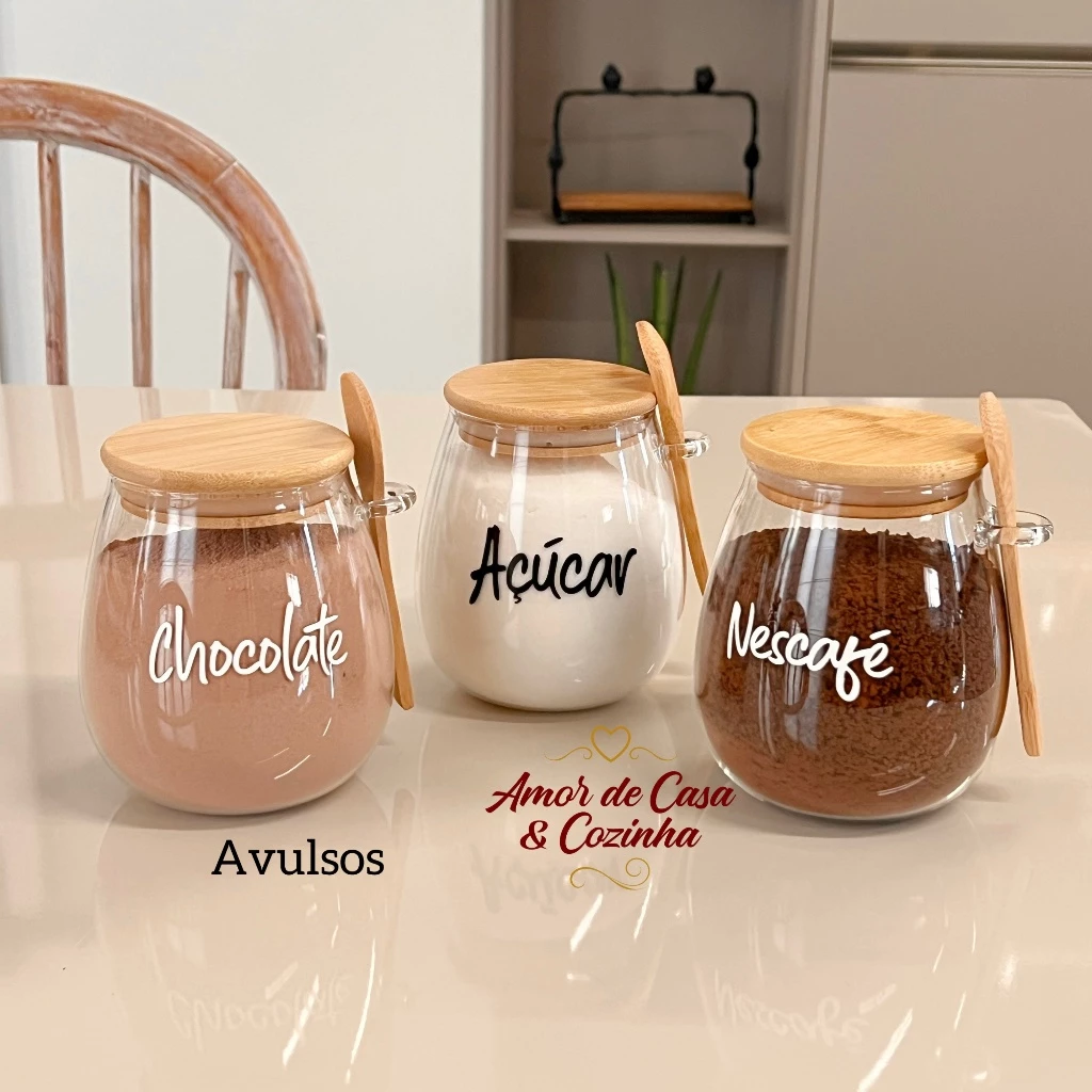 ESCOLHA A PERSONALIZAÇÃO 750ML POTE STYLE TAMPA E COLHER DE BAMBU AVULSO