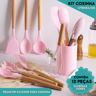 Kit Utensílios de Cozinha Silicone Cabo Madeira Resistente Calor Espátula Colher Antiadere
