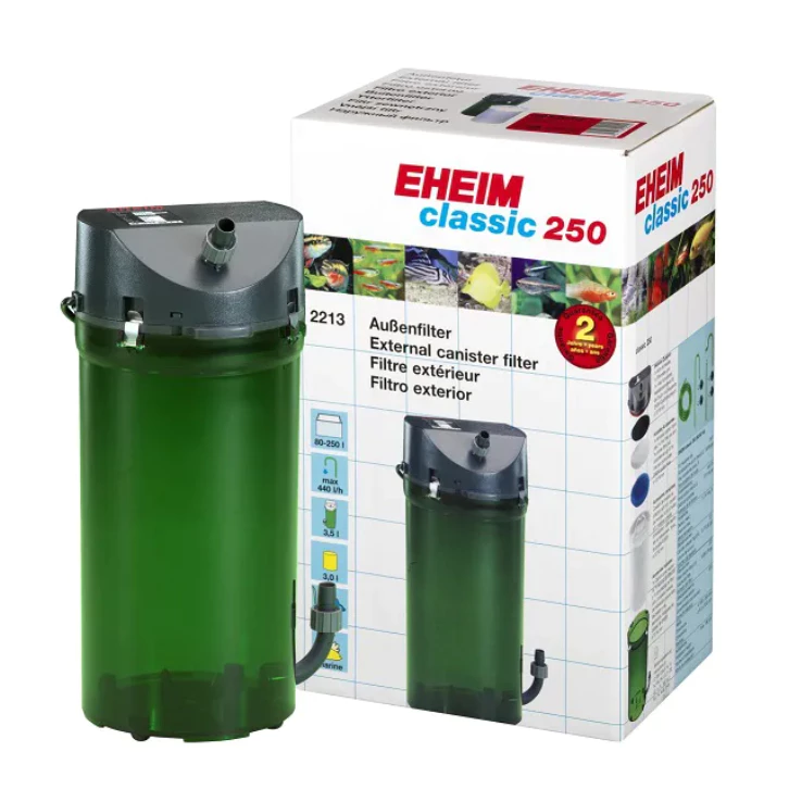 Filtro canister Eheim classic 250 (2213) verde-escuro, corpo cilíndrico com cabeçote e torneiras duplas de mangueira