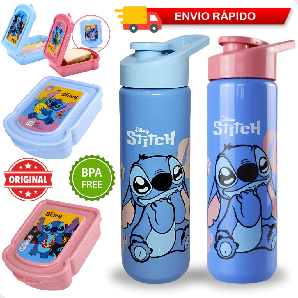 Kit Garrafa Stitch 700 Ml e Sanduicheira Escolar Infantil
