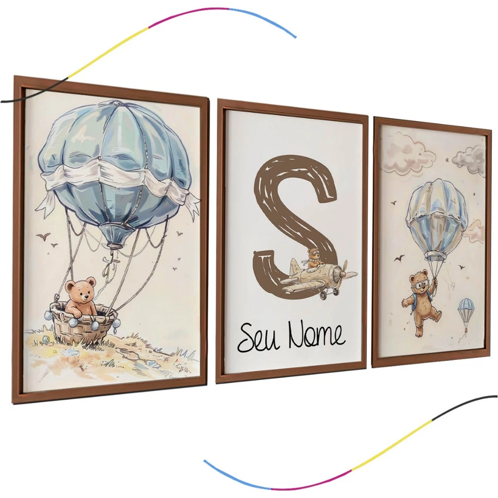 Conjunto de 3 Quadros Decorativos Infantis, Urso e Balão, Aquarela, Borda Marrom, Personalizado nome