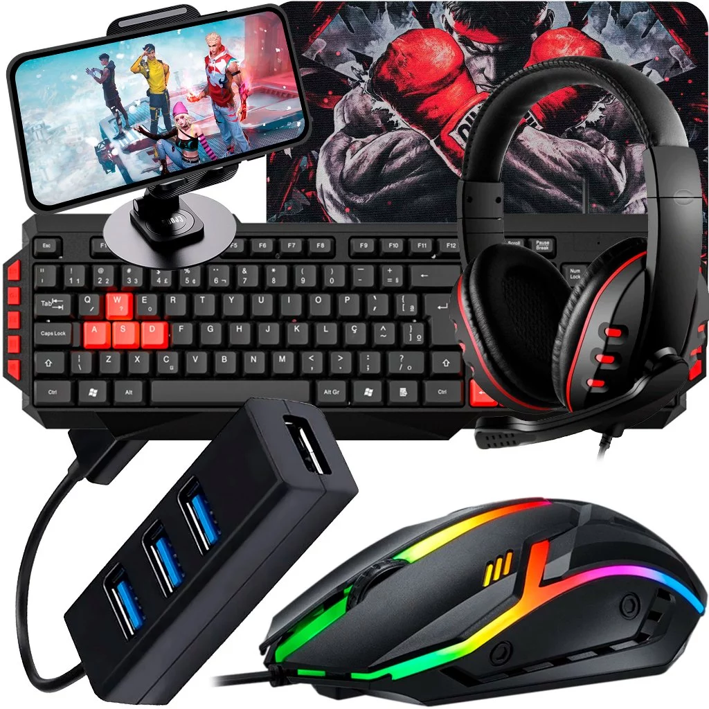 Kit Gamer Completo Celular com Headset, Teclado, Mouse e Hub USB | Tipo C ou V8