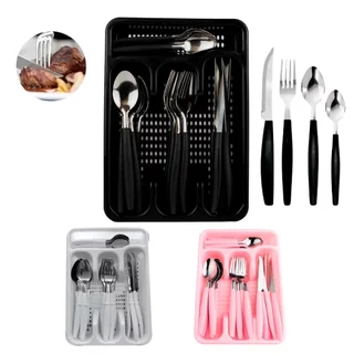 Jogo De Talheres inox Faqueiro Porta Talher Com 25 Peças Preto Branco E Rosa Oliver Home