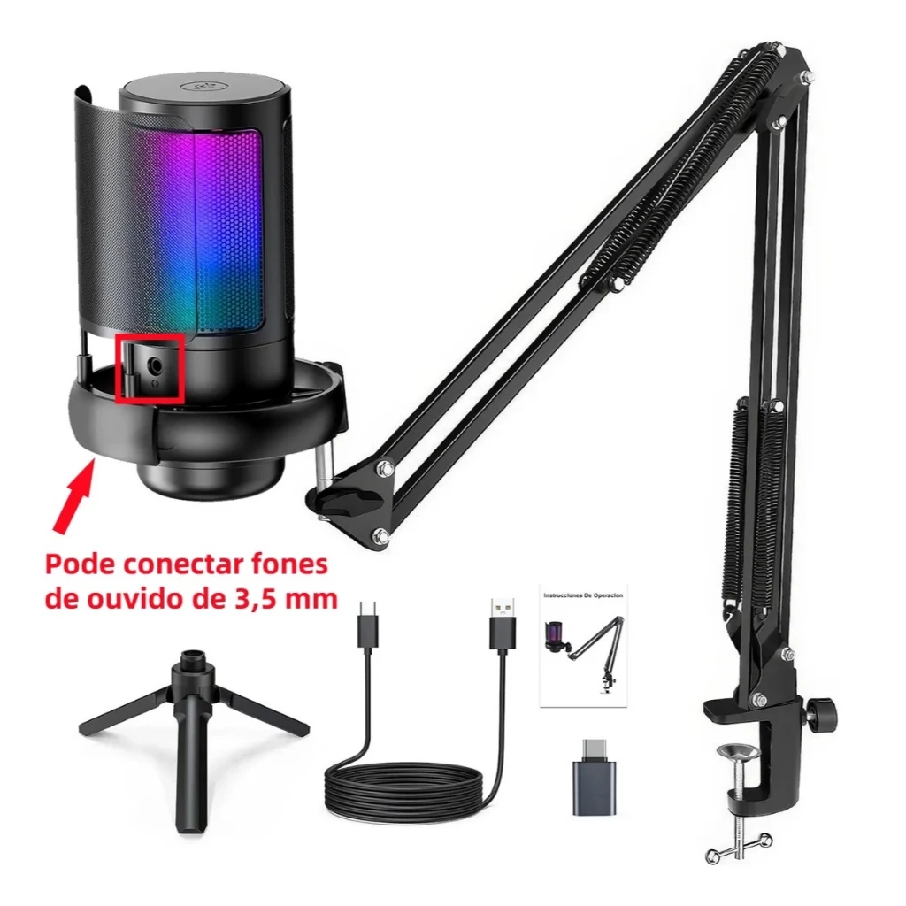 Microfone Condensador USB Cardioid Rgb Para Pc Gamer E Gravação
