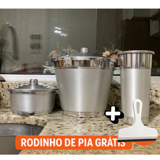 Lixeira Porta Sabão e Detergente Cozinha Kit Pia Conjunto Alumínio Polido Escovado + Rodin