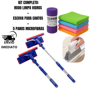 KIT COM RODO MÁGICO 2 EM 1 LIMPA VIDROS E JANELAS KIT COM ESPONJA DE CANTO E KIT COM 5 PAN